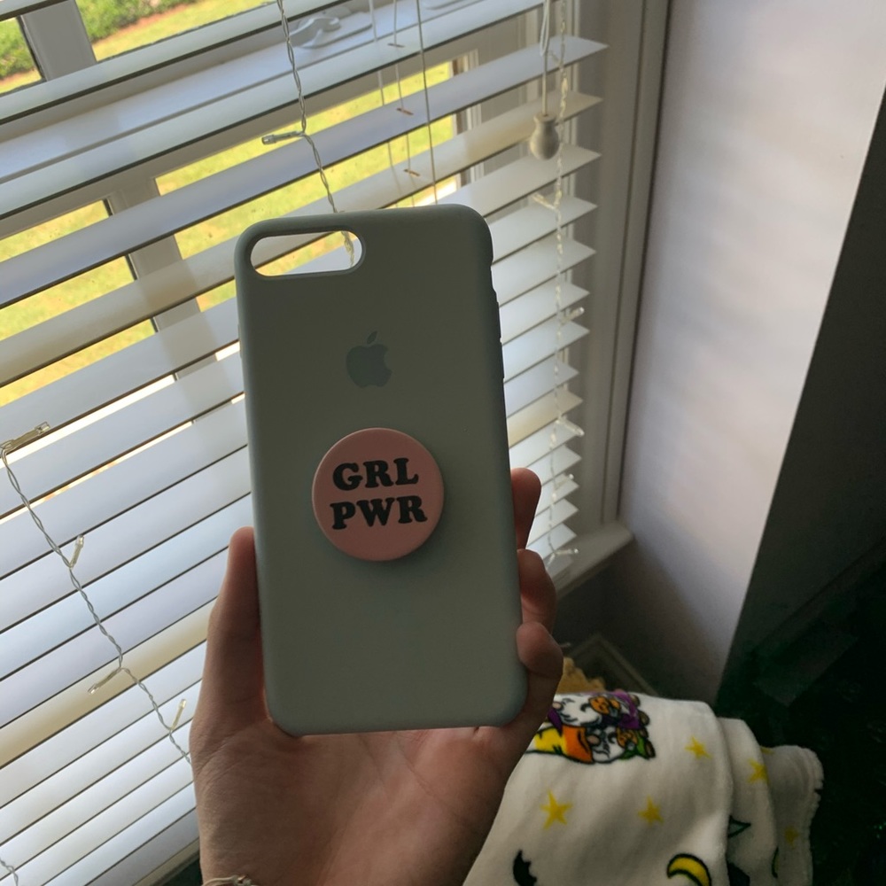 blue matte iphone case with GRL POWER pop socket